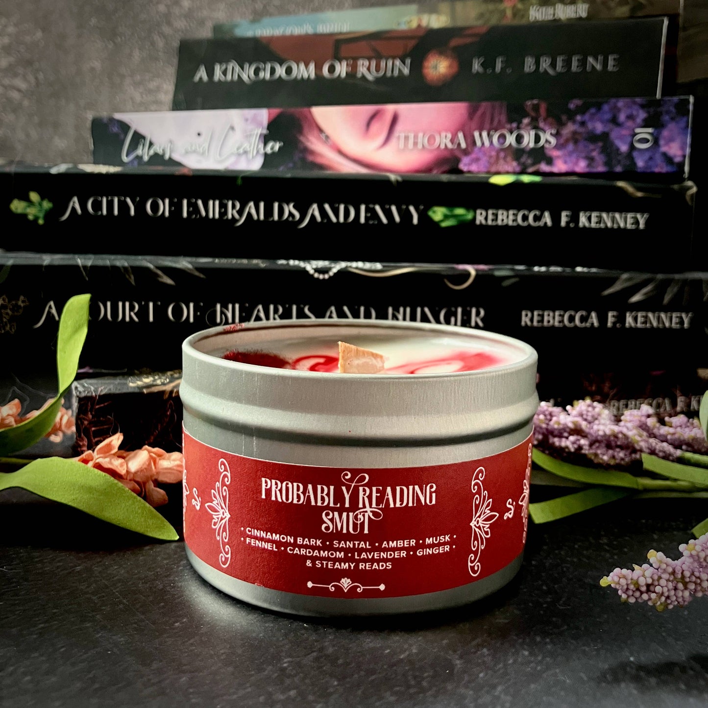 Candle - Probably Reading Smut Candle, Cinnamon Santal Amber: 6.5oz Candle Tin