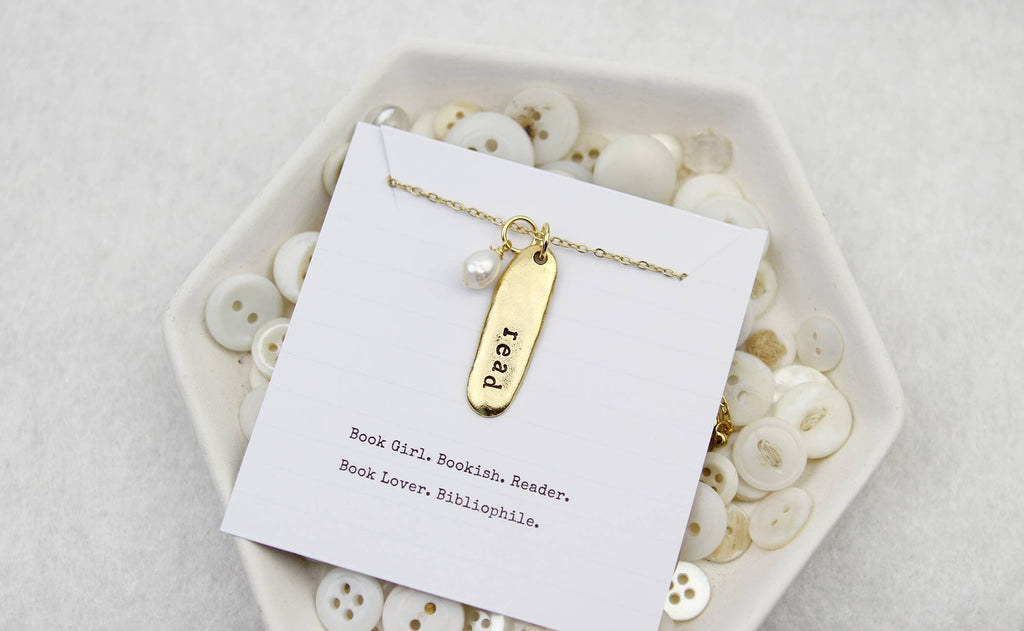Read Hand Stamped Book Quote Necklace : Gold
