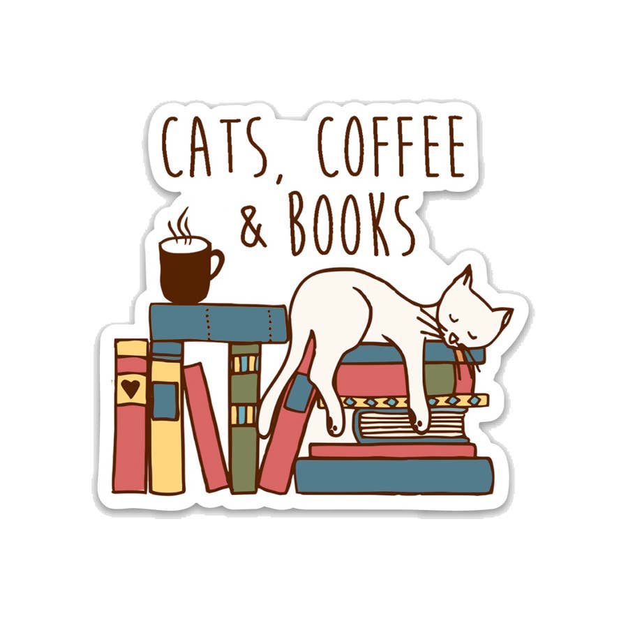 Fly Paper Products - Cats, Coffee & Books Vinyl Sticker: Packaged Sticker