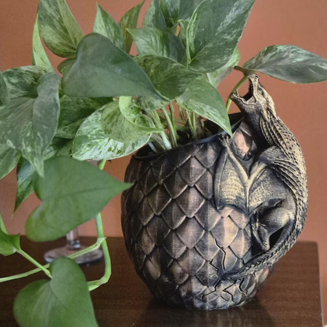 Bookshelf Decor - Dragon Egg Planter with Perched Dragon