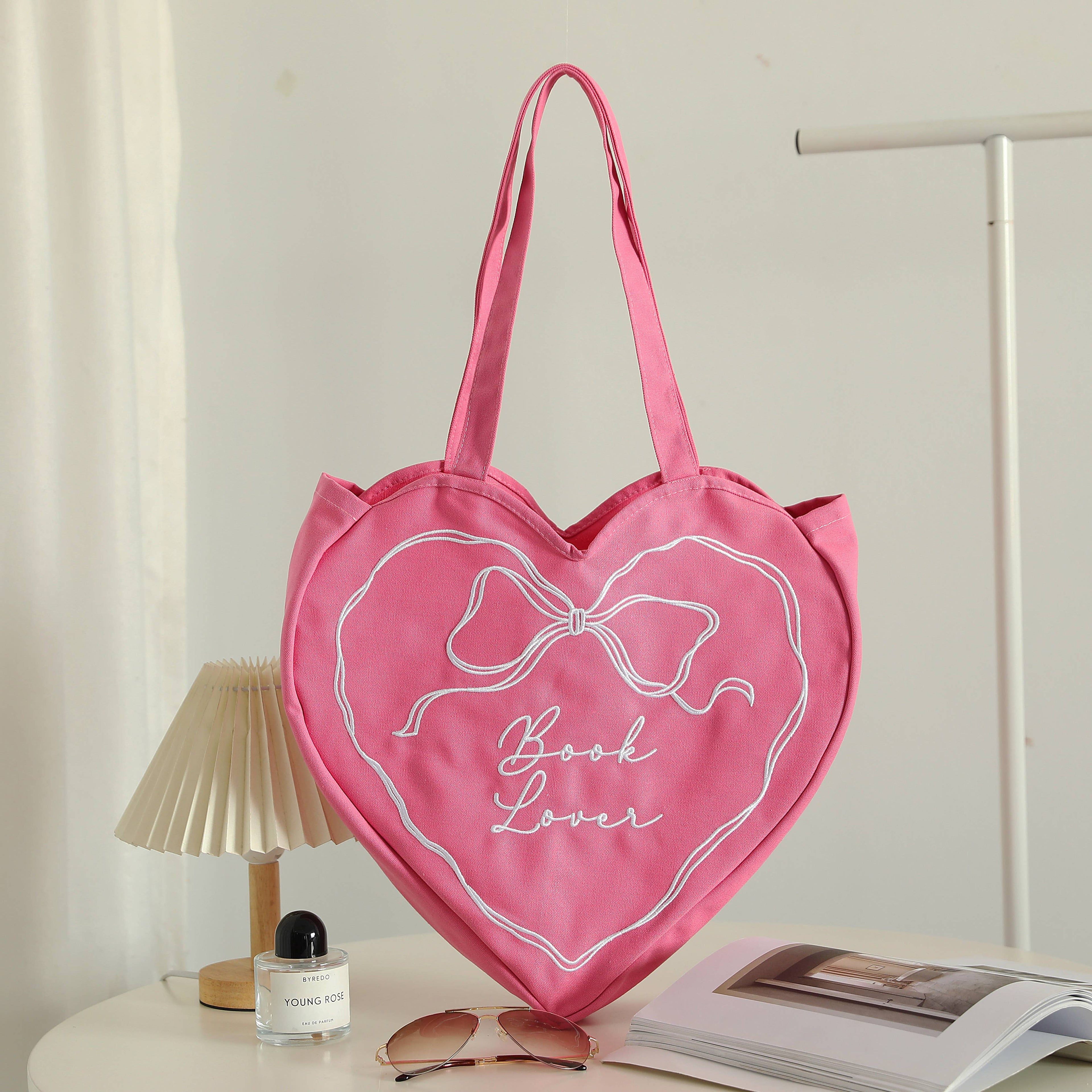 Book Lover Heart Tote Bag: Pink