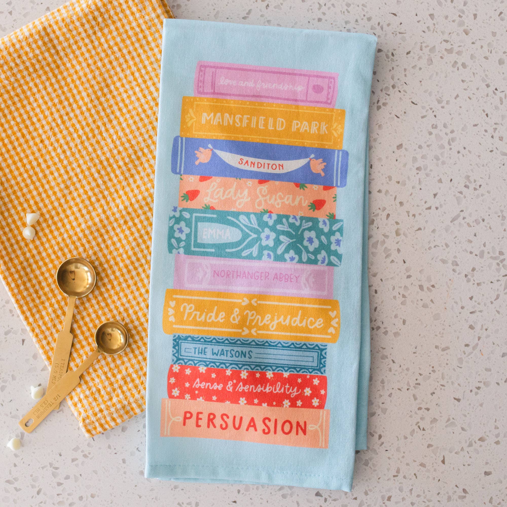 Jane Austen Book Stack Tea Towel