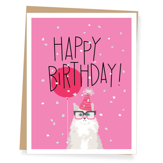 Greeting Card - White Cat Pink Balloon Birthday
