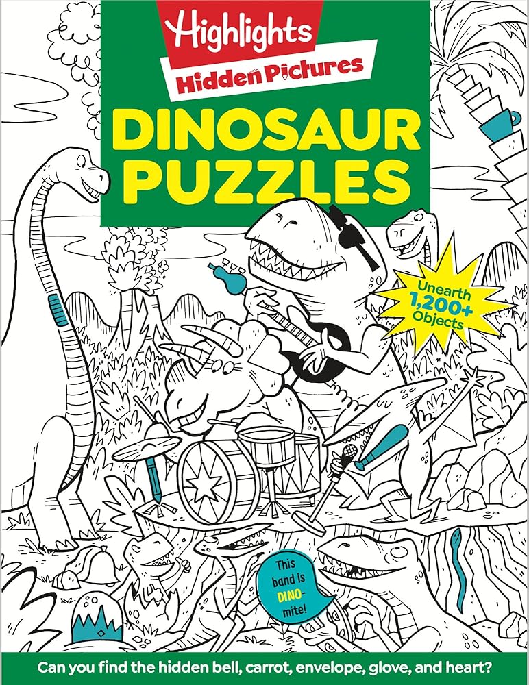 Dinosaur Puzzles: Roaring Fun Hidden Pictures Puzzles with T-rex, Fossils and More for Kids Ages 6-12, Over 1,900 Hidden Objects for the Ultimate Dino-Themed Activity Book cover image