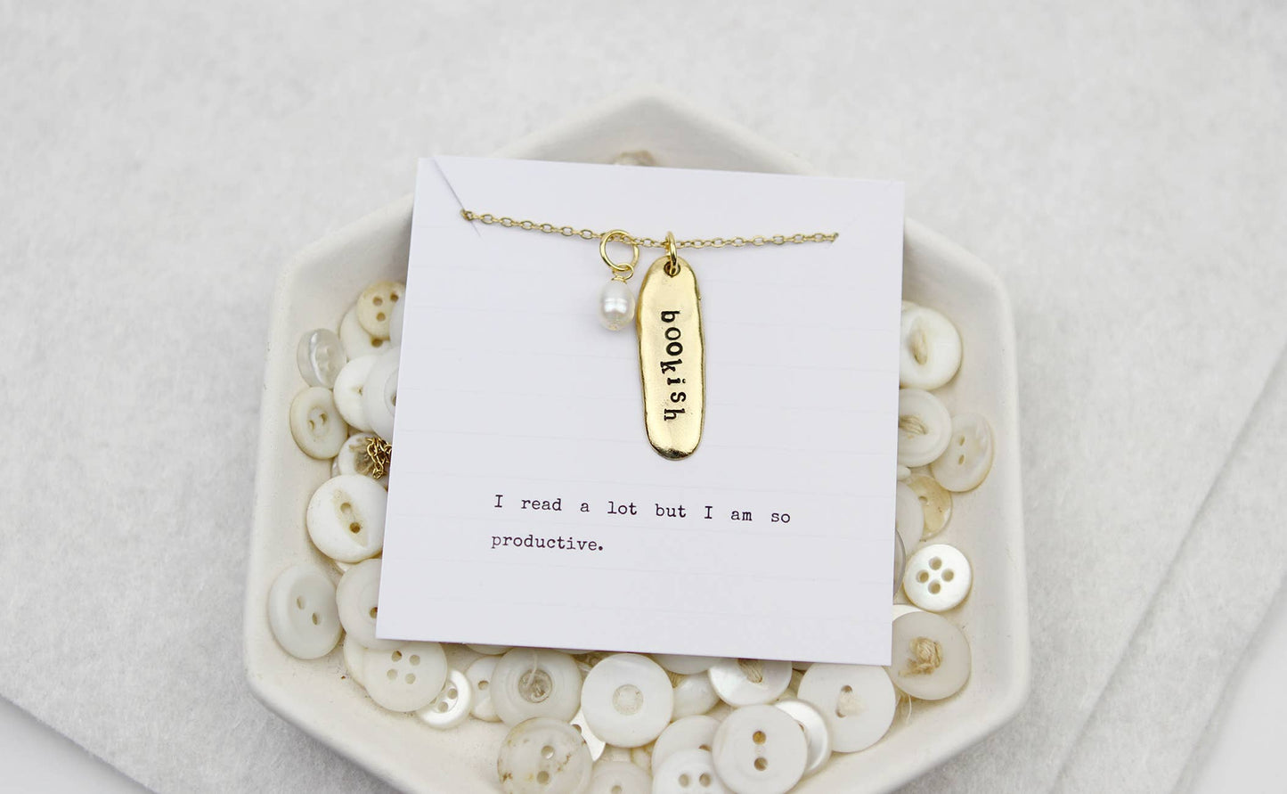 Bookish Hand Stamped Book Quote Necklace   : Gold