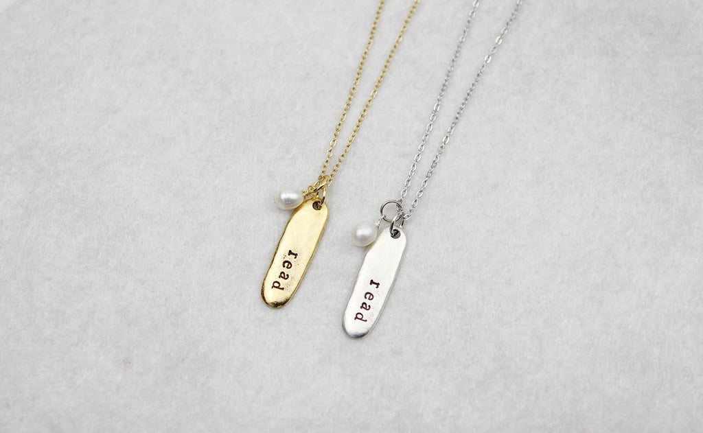 Read Hand Stamped Book Quote Necklace : Gold