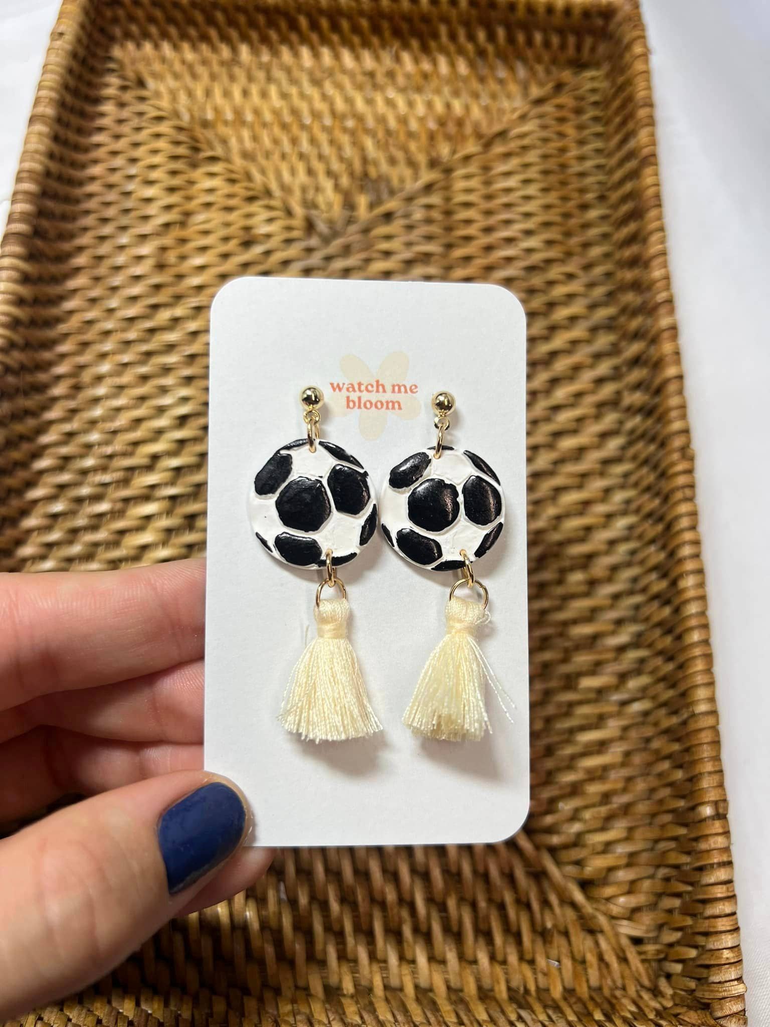 Boho Soccer Ball Clay Dangles Handmade Polymer Clay Earrings