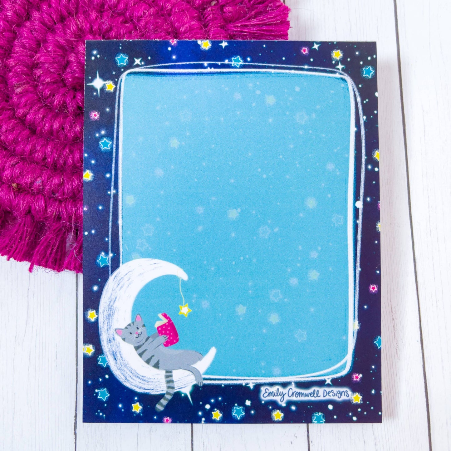 Emily Cromwell Designs - Kitty Reading on the Moon Charity Notepad 4.25" x 5.5"