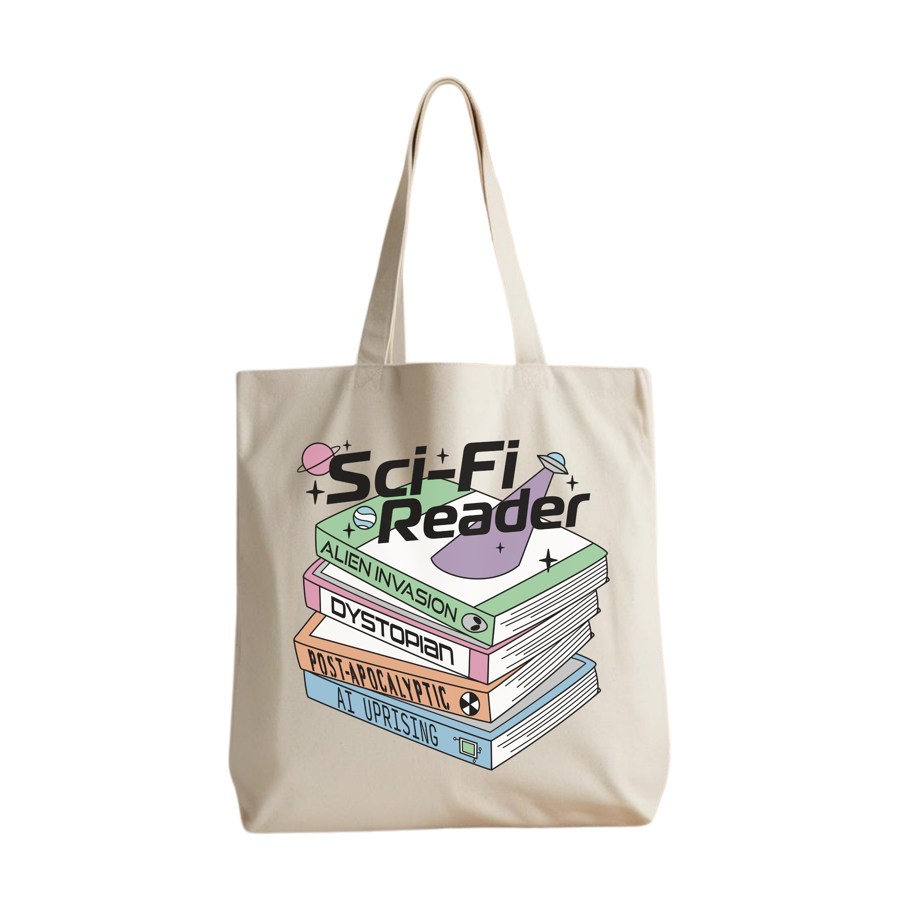 Sci-Fi Reader Bookstack Tote Bag