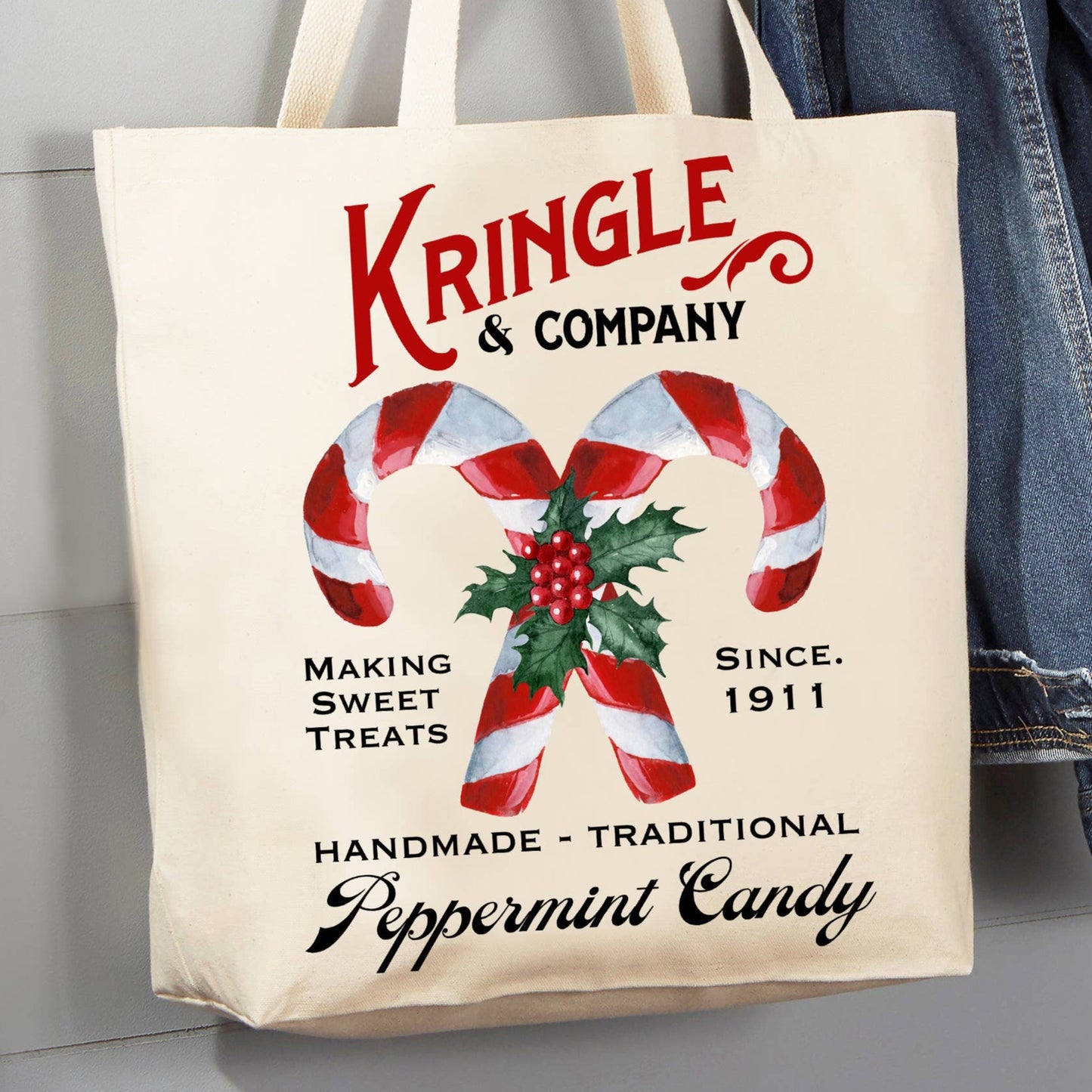 Avery Lane Gifts - Christmas Candy Cane Kringle & Co. 12 oz Canvas Tote Bag