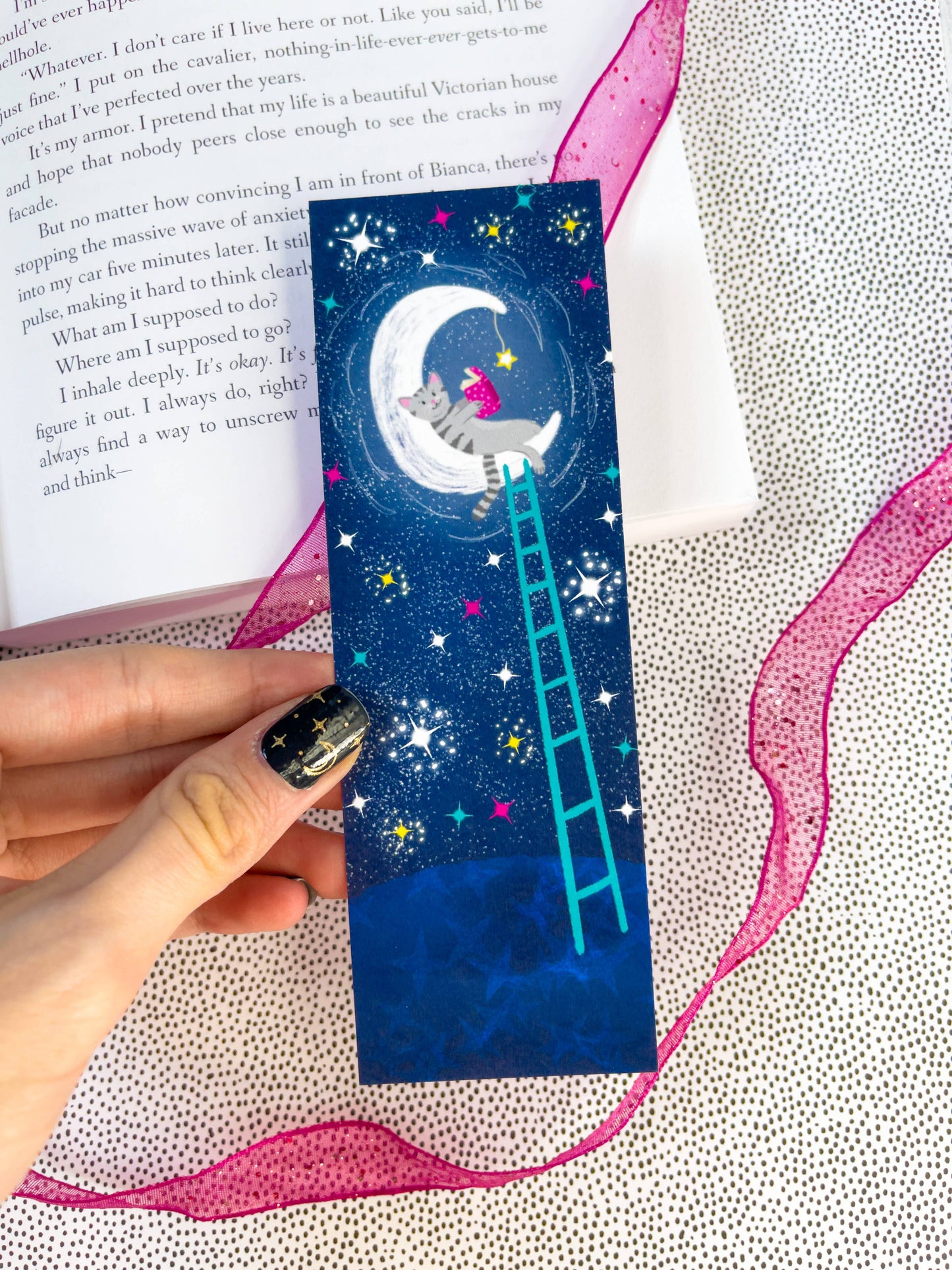 Emily Cromwell Designs - Kitty Reading on the Moon Charity Bookmark: Laminated