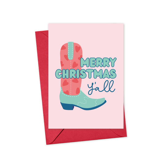 R is for Robo - Merry Christmas Pink Cowboy Boot Country Girl Christmas Card