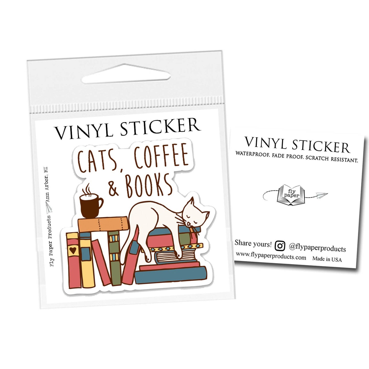 Fly Paper Products - Cats, Coffee & Books Vinyl Sticker: Packaged Sticker