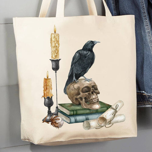 Avery Lane Gifts - Halloween Black Crow Skull Candles 12 oz Canvas Tote Bag